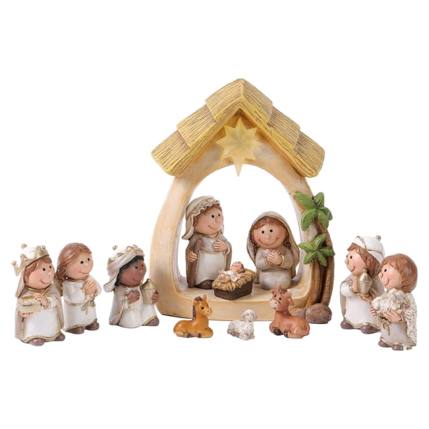 Matsuzay Belén Decoraciones navideñas Resina premium para regalo con luz LED Ocasiones de múltiple Decoración del hogar Blanco