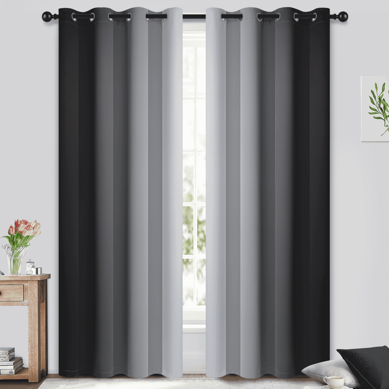 Yakamok Ombre Blackout Curtains 2 Panels, 52x84 inches, Black photo 1