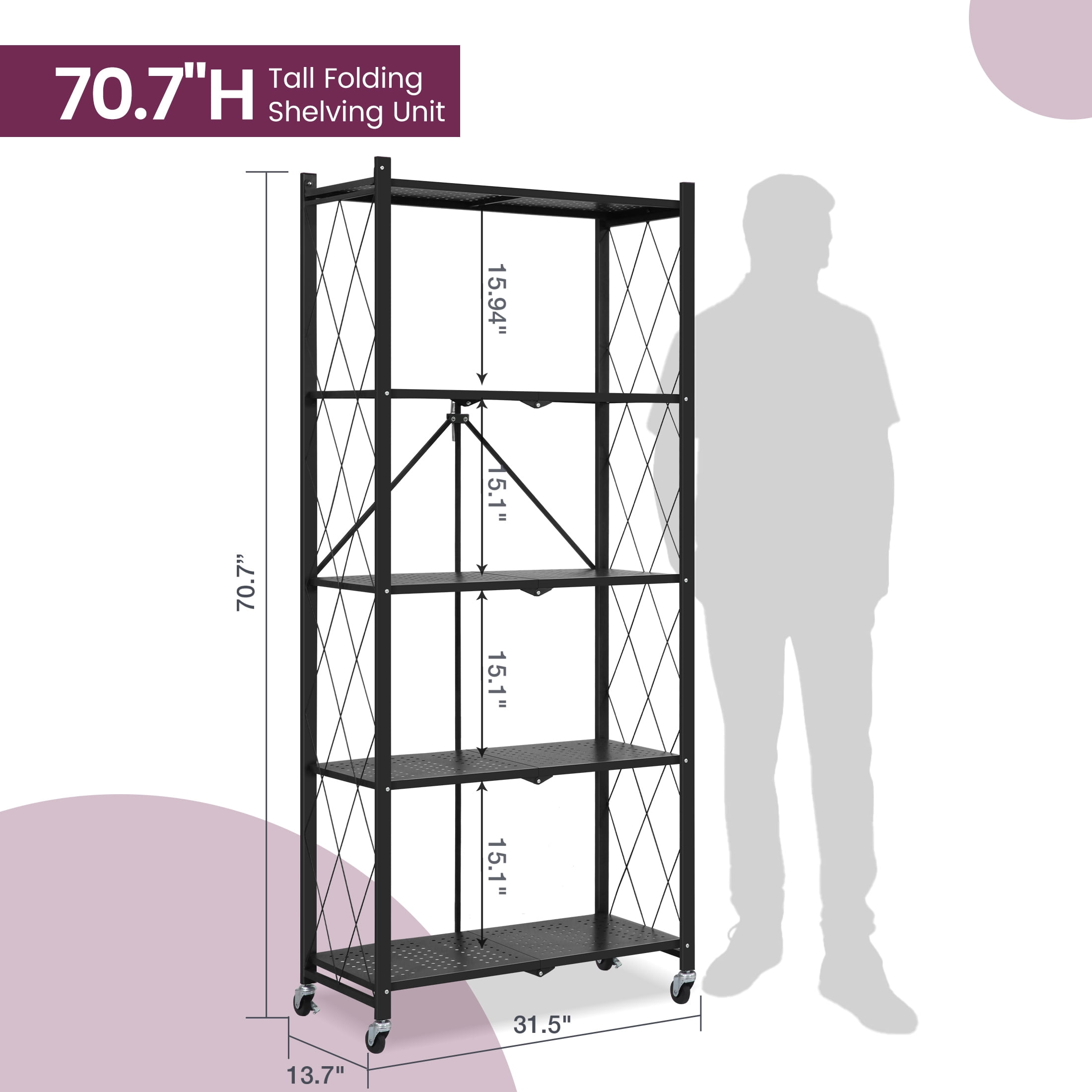 Nbcleanic 70.7" H 5-Tier Storage Shelves with Wheels, Black, 2 Pack
