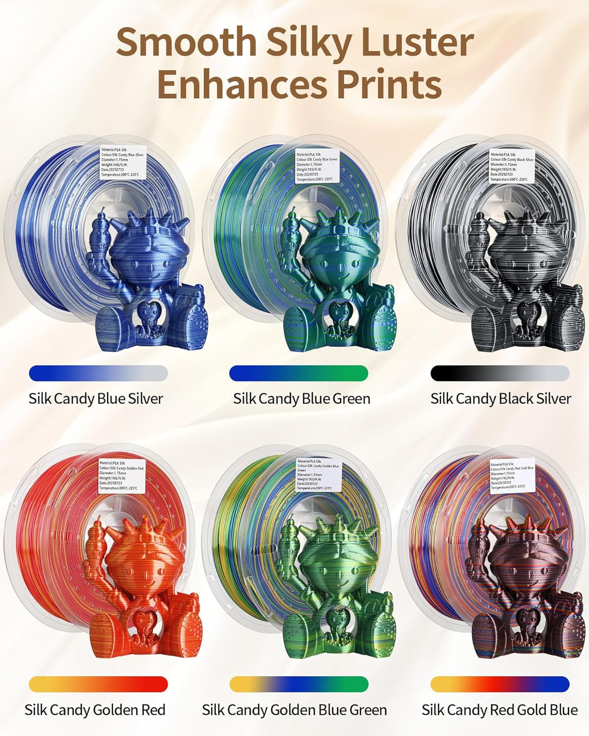 Silk PLA Filament 1.75mm 3D Printer Multicolor Filament Gradient Color Changing Filament 1kg (2.2lbs) Dimensional Accuracy +/- 0.07 mm Silk Candy
