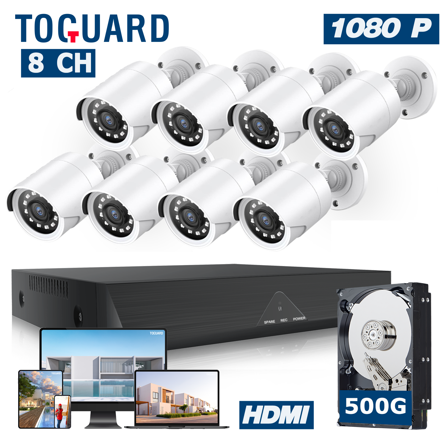 Toguard SC35 8CH Wired Security Camera System Outdoor with 500G Hard Drive 8pcs 1080P Bullet Surveillance Cameras HDMI Connector