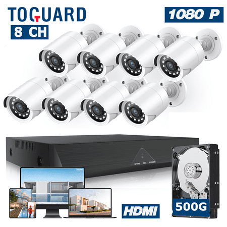 Toguard SC35 8CH Wired Security Camera System Outdoor with 500G Hard Drive 8pcs 1080P Bullet Surveillance Cameras HDMI Connector