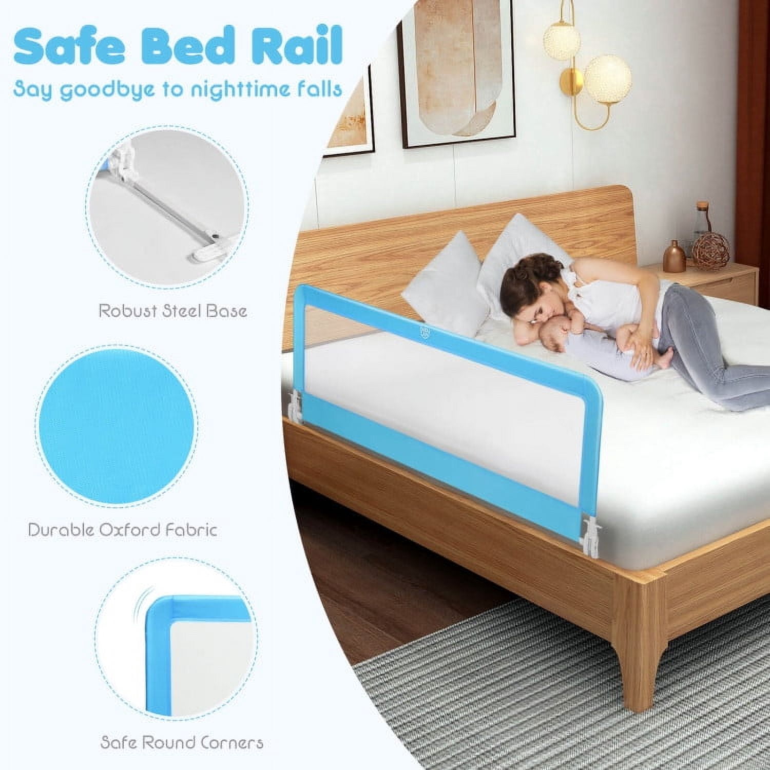 YYAo Bed Guard Rails,Bed Fence,Bed Gate for Baby,59 Inch Folding Breathable Baby Bed Rail Guard with Safety Strap-Blue