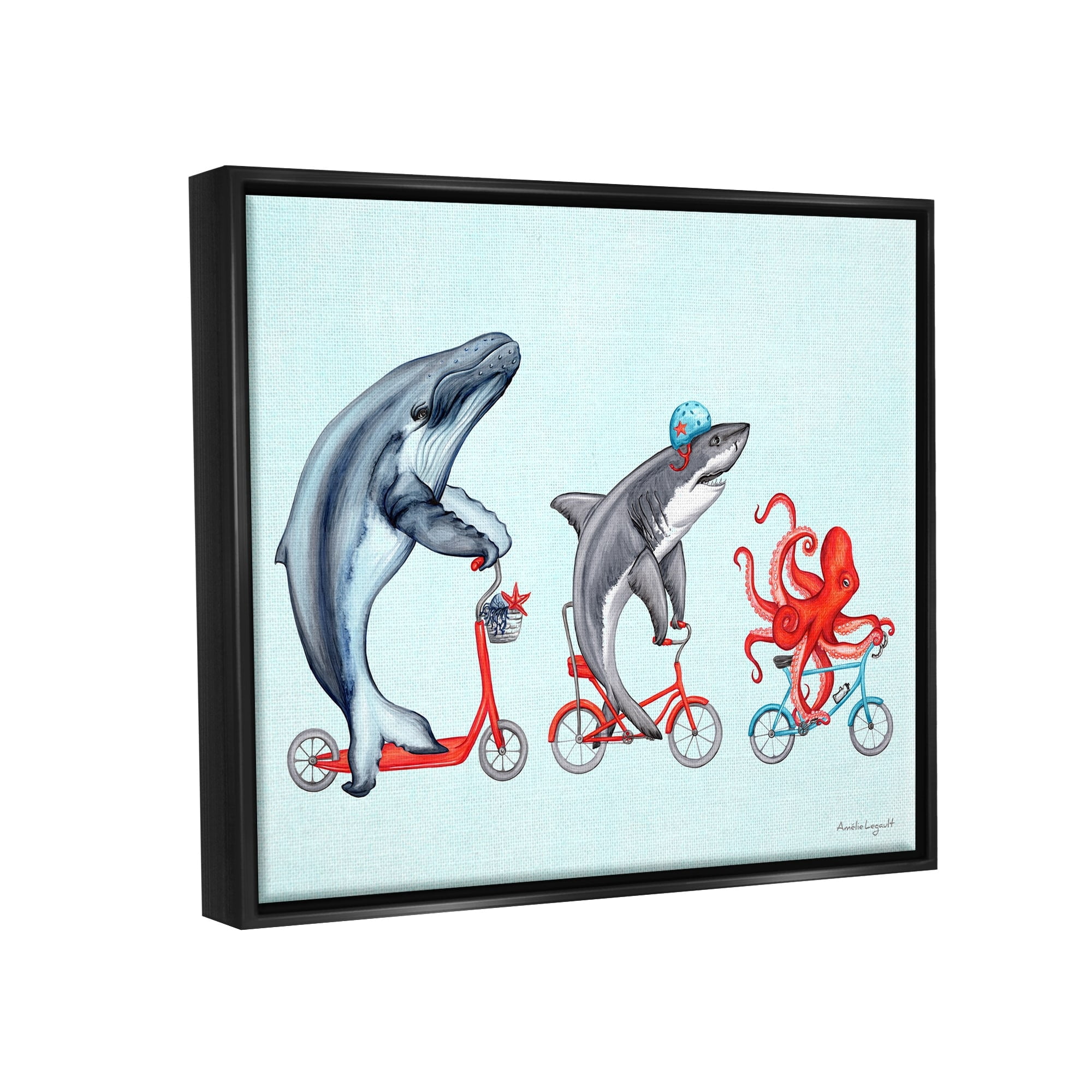 Stupell Industries Aquatic Sea Life Animals Riding Bikes Red Accent Graphic Art Jet Black Floating Framed Canvas Print Wall Art, Design by Amelie Legault