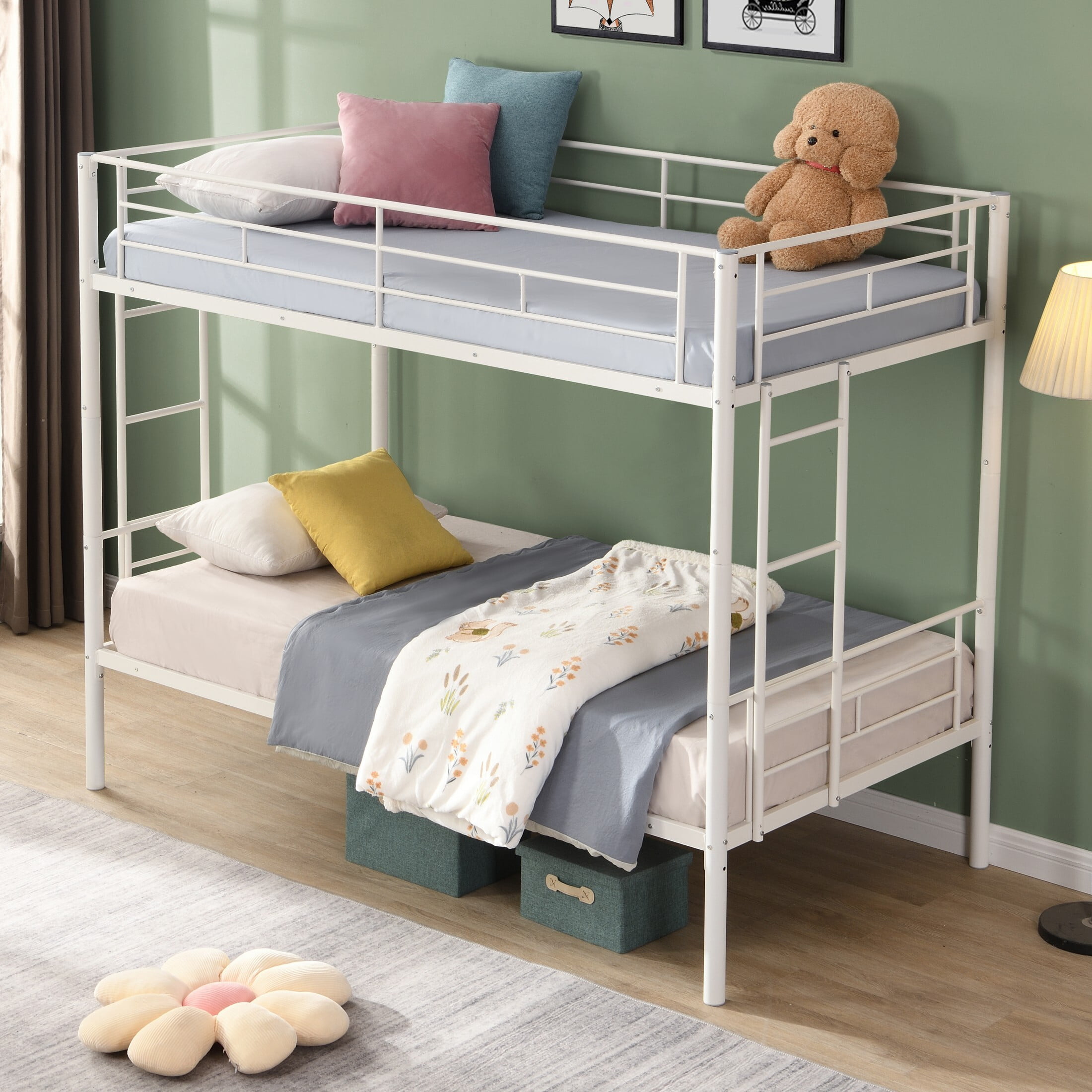 DEALTOPS Metal Bunk Bed Twin Over Twin, Durable Bunk Bed with Ladder and Full-Length Guardrail, White