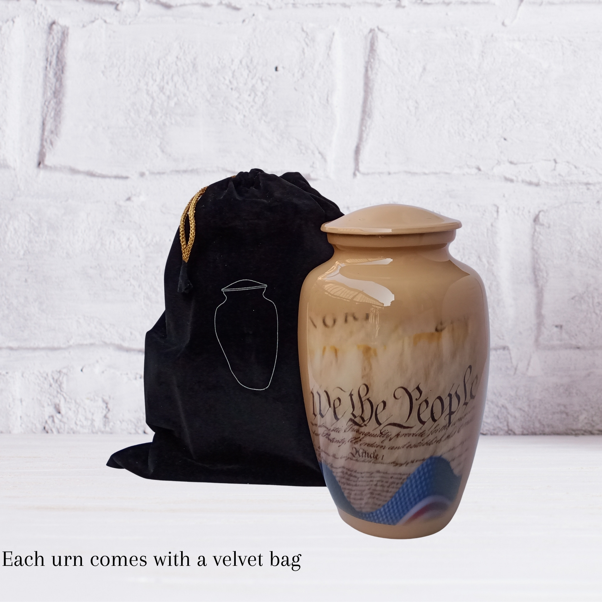 U.S. Constitution Patriotic Large Adult Cremation Urn for Human Ashes — With Velvet Bag