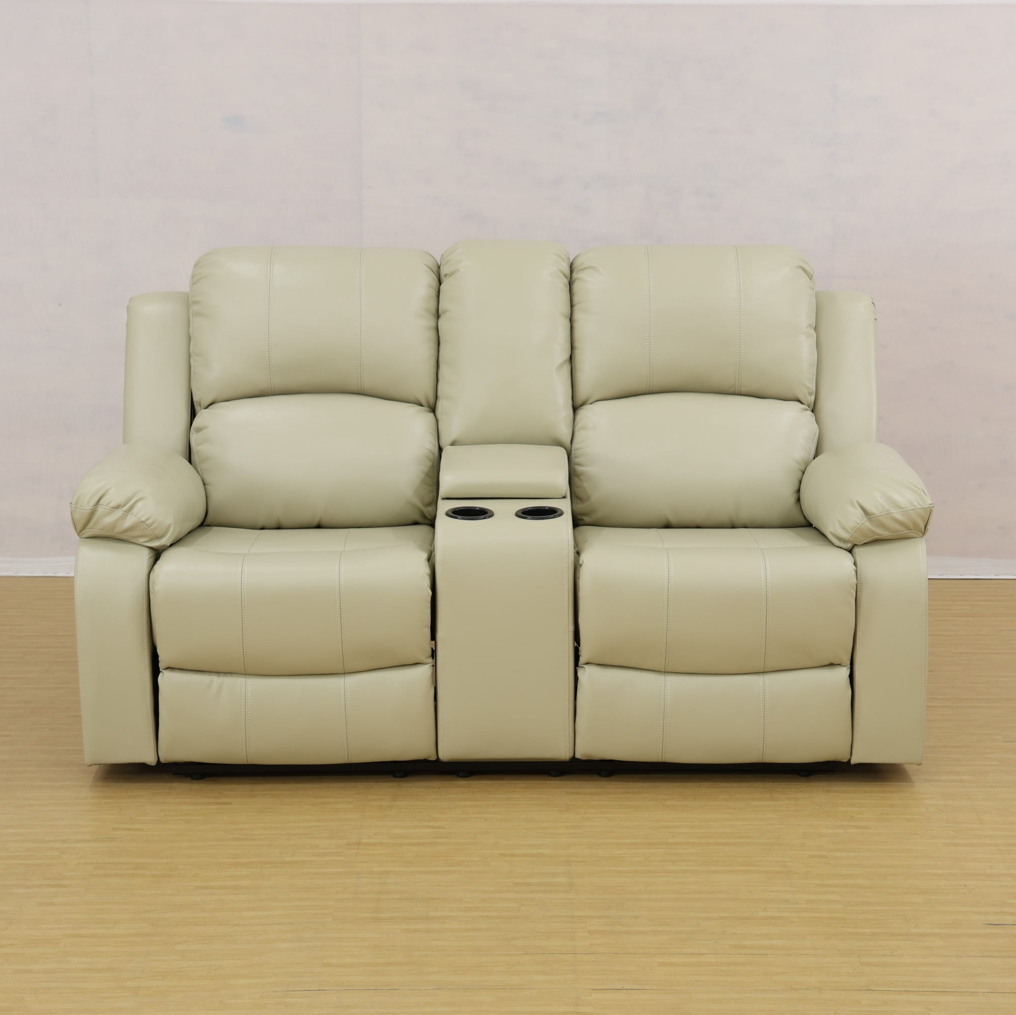 Gewnee Beige Loveseat with Console & Cup Holders, Air Leather & High-Elastic Sponge, Adjustable Recline, Perfect for Living Rooms