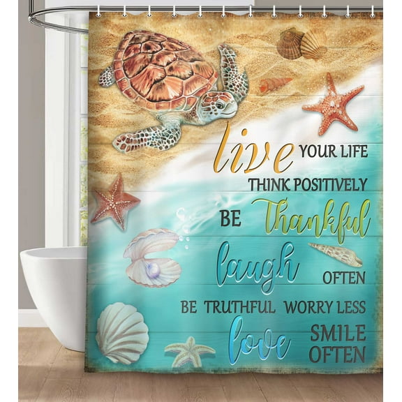 Beach Shower Curtain, Sea Turtle Shower Curtain Set with Hooks, Coastal Ocean Nautical Rustic Vintage Fabric Bathroom Curtains, 72X72 Inches
