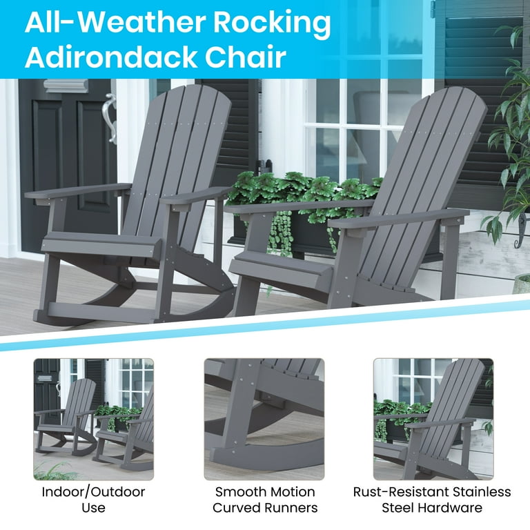 BizChair Commercial Grade All Weather Poly Resin Wood Adirondack Rocking Chair with Rust Resistant Stainless Steel Hardware in Gray
