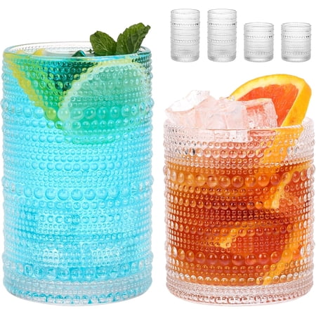 4 Pack Hobnail Drinking Glasses Set, 12 Oz Highball Glasses & 10 Oz Cocktail Glasses, Clear Embossed Water Glass Cups Kitchen Bar Tumbler Glassware Set for Whiskey, Beer, Juice, Milk