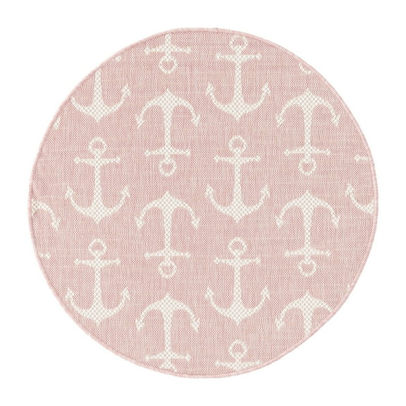 Unique Loom Outdoor Coastal Collection Area Rug - Ahoy (3' 1" Round Pink/Ivory)