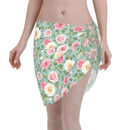 Qekee Rose Flowers Women s Short Sarongs Cover Ups Sheer Bikini Wraps for Swimwear