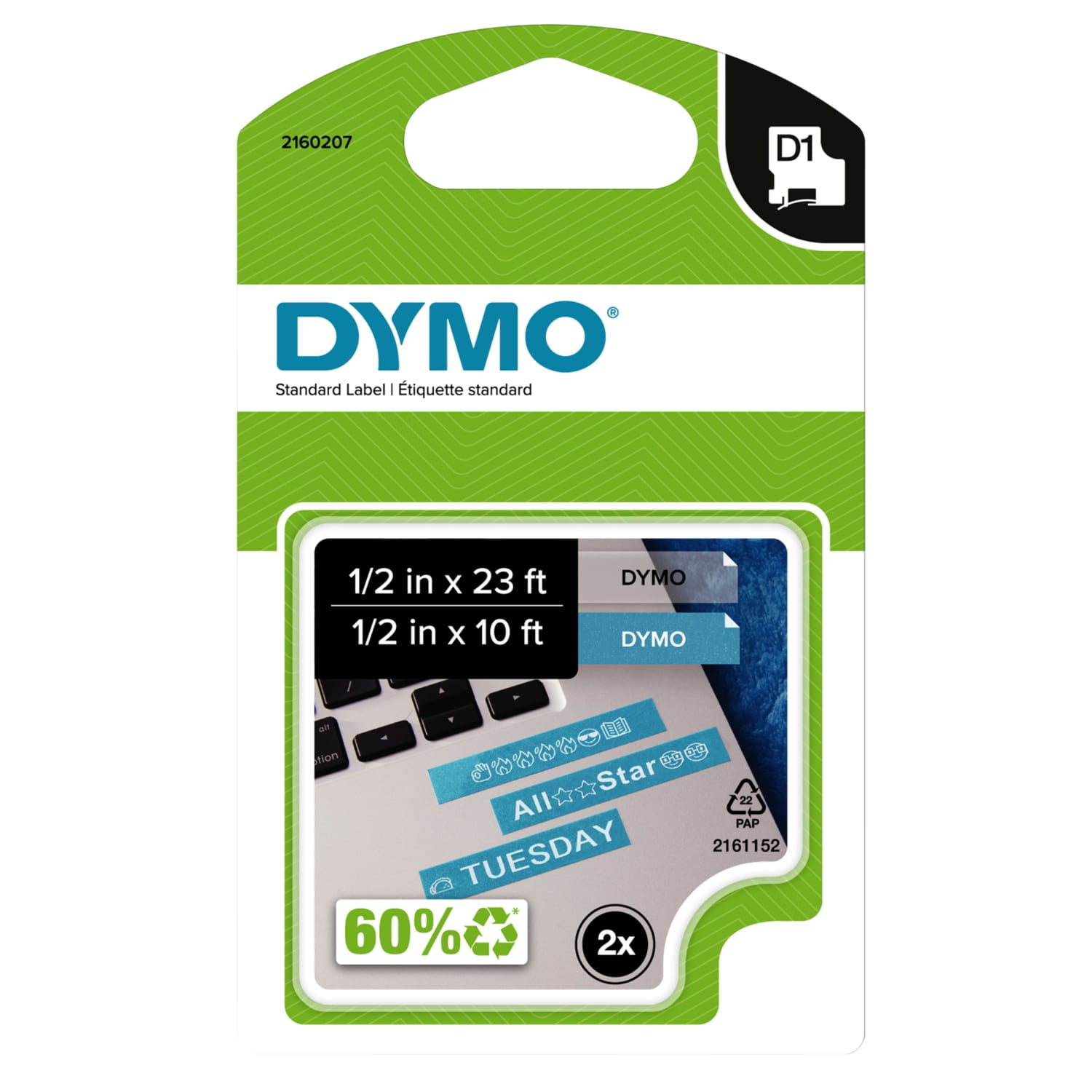 DYMO D1 Label Combo Pack, 1/2" x 10' (White Print on Blue), 1/2" x 23' (Black Print on Clear), 2-Pack