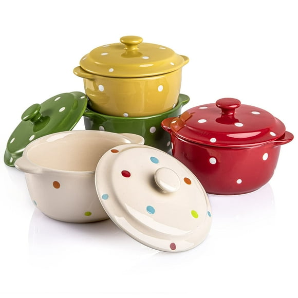 AVLA Lot de 4 Ramequins en Porcelaine, Mini Bol à Casserole de 9 OZ avec Couvercle et Poignée, Bols en Céramique pour Soufflé, Soupe, Crème Brûlée, Va au Four, Mini Plat à Casserole (Pois, Couleurs Assorties)