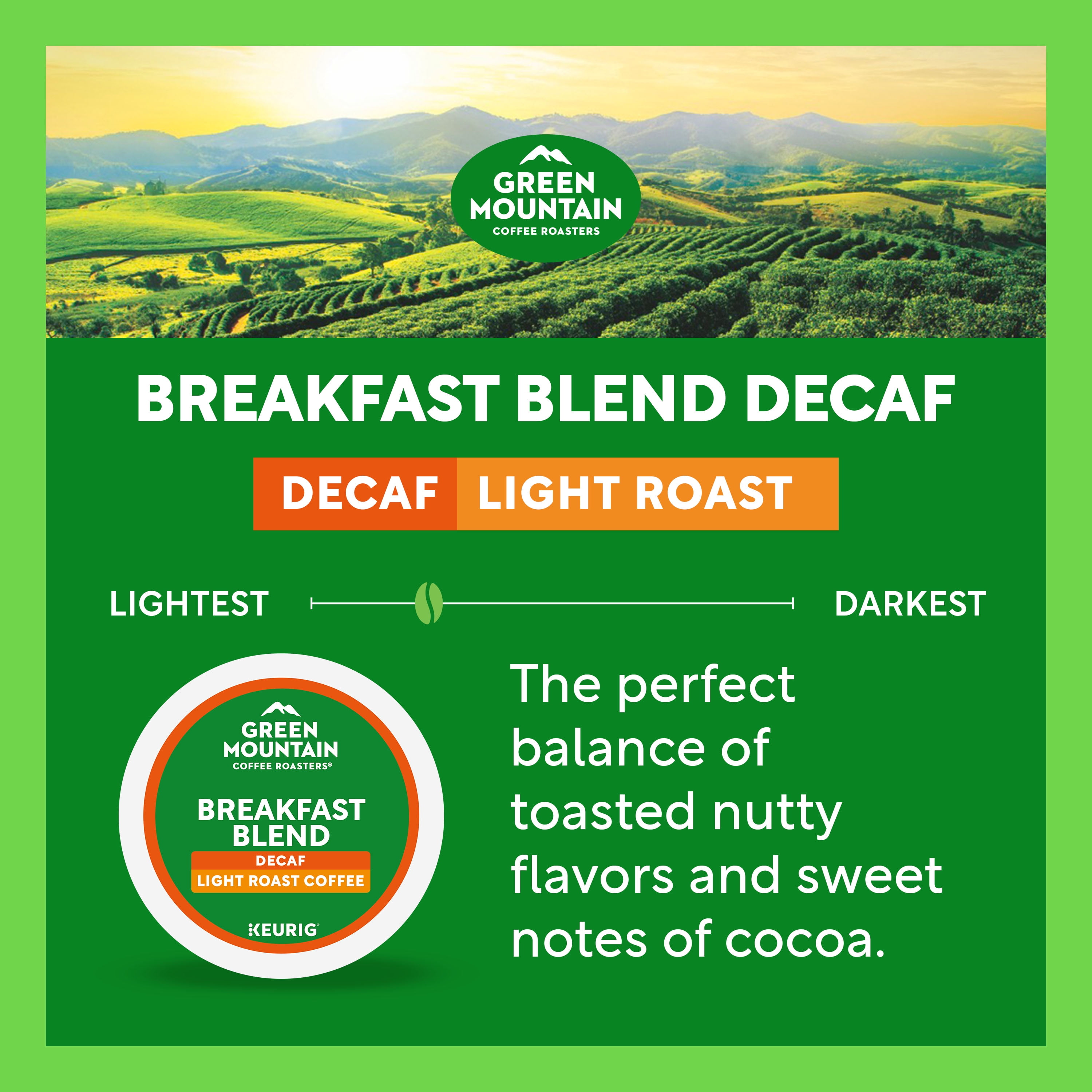 (4 pack) Green Mountain Coffee Roasters, Decaf Breakfast Blend Light Roast K-Cup Coffee Pods, 24 Count