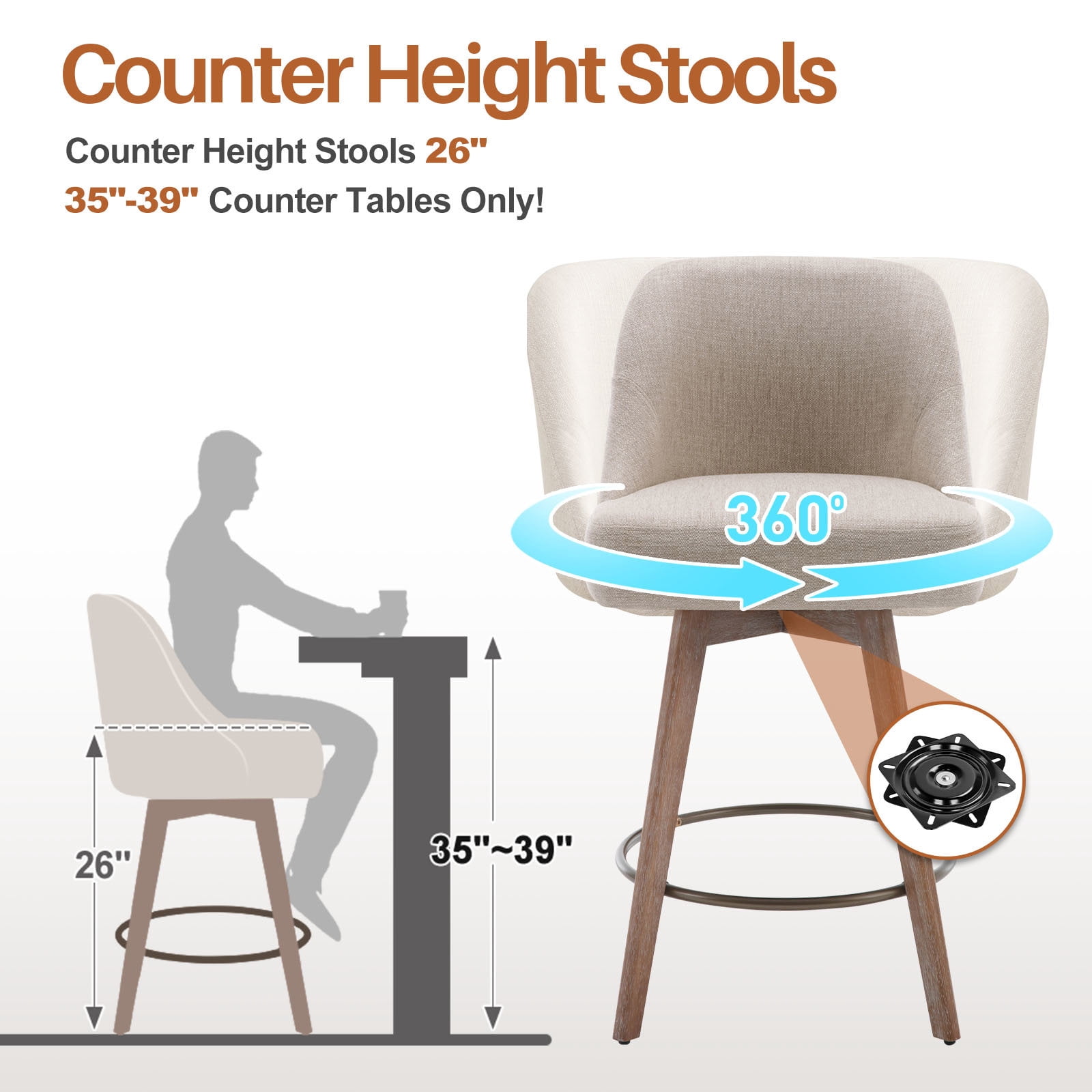 WOOW DEPOT 26" Swivel Bar Stools Large Seat Set of 2, Upholstered Linen Fabric w/ Mid-Back Wood Legs, Modern Armless Island Counter Barstools Kitchen Pub Chair, Sand