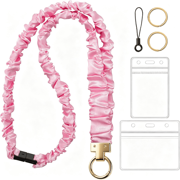 XIBUFE Breakaway Scrunchie Lanyard for Id Badges and Keys,Pink|Soft Polyester Satin,Stretchy Up to 30 In,Quick-Access Clasp,Comfortable All-Day Wear for Teachers,Nurses,Students