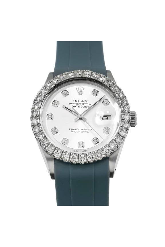 Pre-Owned Rolex Datejust 36MM 1601 Silver Diamond Dial Diamond Bezel Gray Rubber Strap