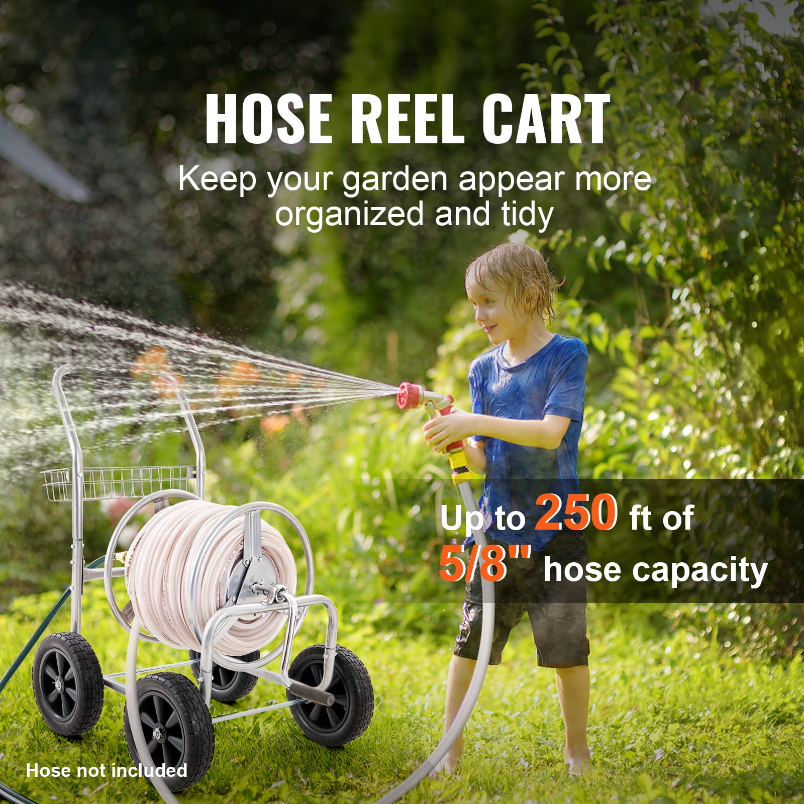 BENTISM Hose Reel Cart with Wheels, Metal Hose Reel Holds 250 Feet of 5/8" Hose Capacity Heavy Duty Outdoor Water Planting Truck for Yard, Garden