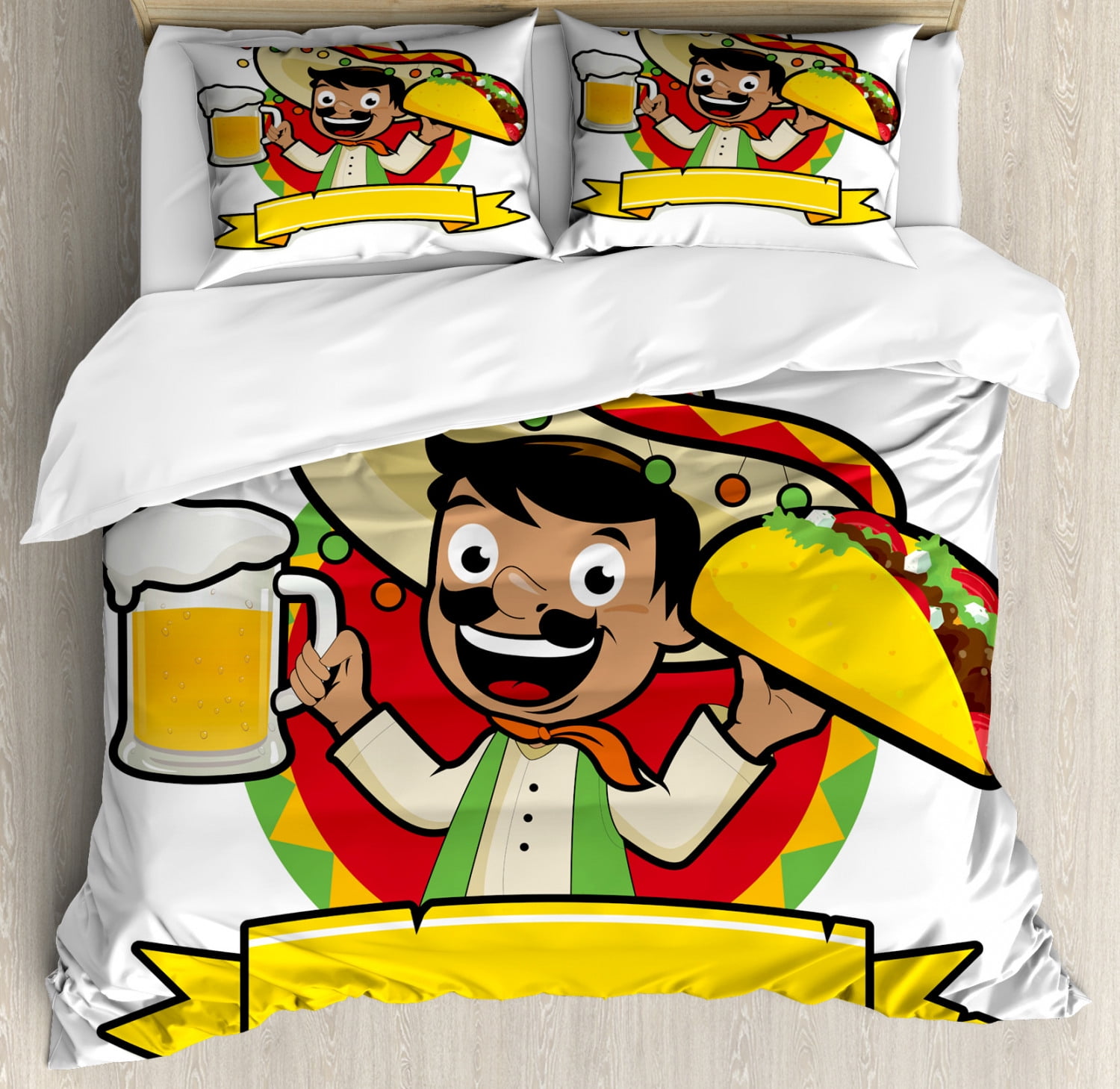 Mexican Duvet Cover Set King Size, Latino Man Holding Cold Beer and