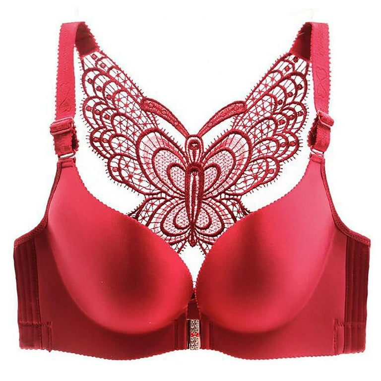 TQWQT Women'S Solid Bra Wire Free Underwear Front Closure Butterfly  Backless Bra,Wine 44/100CDE