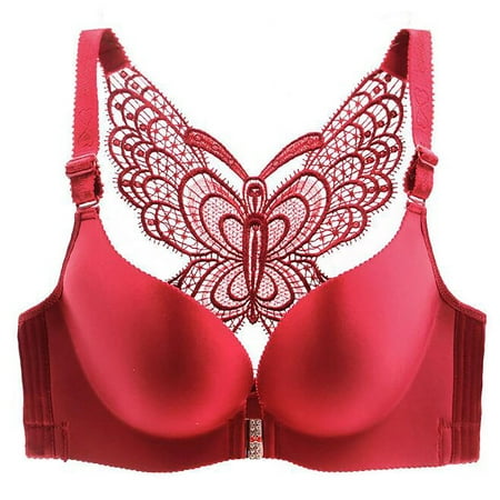 

Qcmgmg Plus Size Wireless Bra for Women Deep V Butterfly Front Closure Full Coverage Minimizer Bras Female Wine Red 44100B