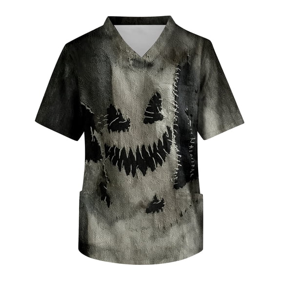 2026 Men's Halloween Scrub Tops V-Neck Patchwork Short Sleeve Workwear Fashion Retro Medical Shirts with Pockets Gray 3XL