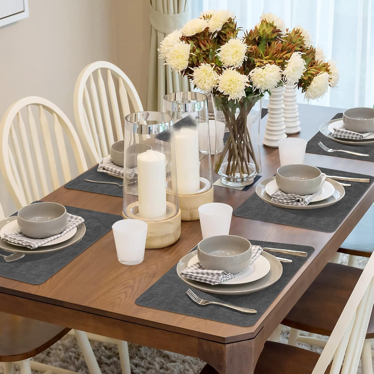 Lifestance Faux Leather Placemats Set of 6, Waterproof Heat Resistant Non Slip Dining Table Mats, 17x12 inch Rectangle Black, Indoor Outdoor Use
