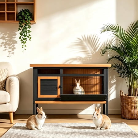 Elevated Rabbit Hutch Wooden Guinea Pig Cage for Small Animal Brown with Non-Slip Ramp & Removable Tray