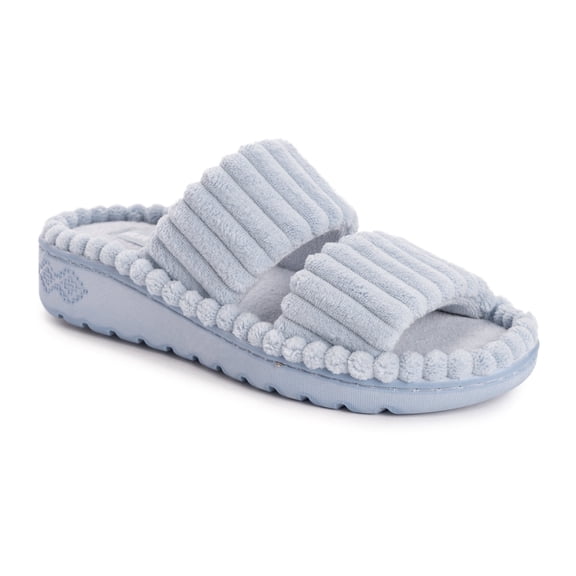 MUK LUKS Women's Double Strap Slide-Cloud Ribbed Terry Slipper