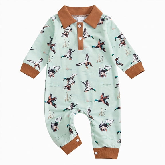 larppty Newborn Baby Boy Western Clothes Cow/Horse Print Romper Jumpsuit Long Sleeve Button Up Collared Bodysuit Outfit