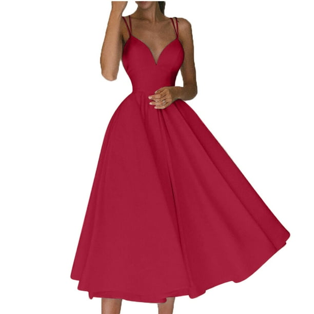Puntoco Vestidos Mujer Verano Vestido con Tirantes para Mujer con Espalda Abierta Vestido Largo De Color Sólido Vestido con Cuello En V con Tirantes