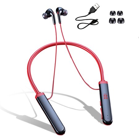 Linyer Earphone LED Digital Display HiFi Stereo Sound 5.0 Headphone Headset with Mic IPX3 Waterproof Ergonomic Red