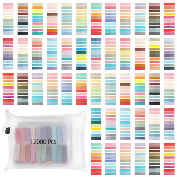 12000pcs Sticky Tabs For Books, Annotation Tabs, Writable Page Markers, Multi-Color PET Flags 1.7 in x 0.5 in with File Bag 9.3 in x 6.7 in Waterproof Semi-Transparent Stickers