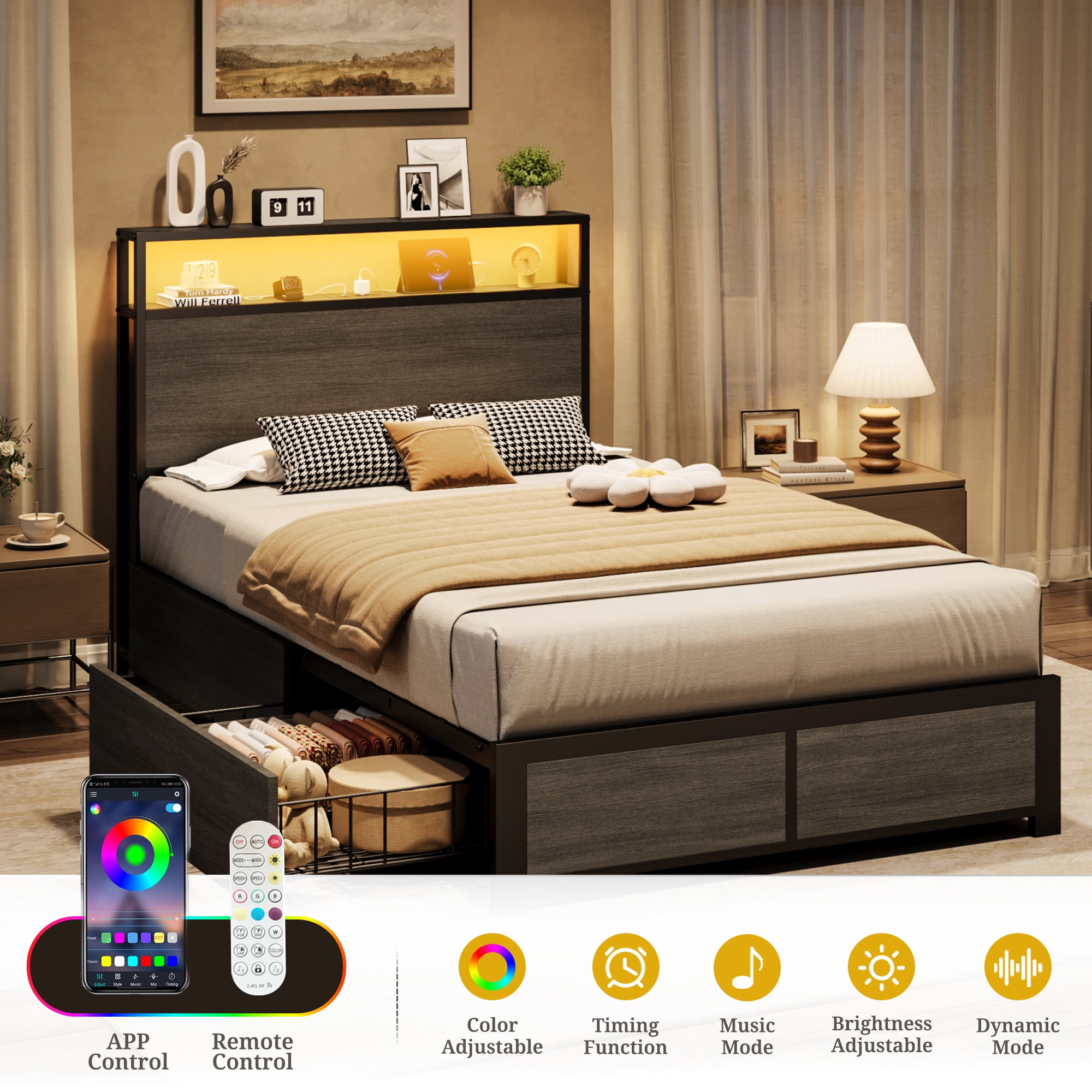 Bolvdo Twin Bed Frame with Two-Tier Storage Headboard, USB Port and LED Light, Four Storage Drawers, Grey