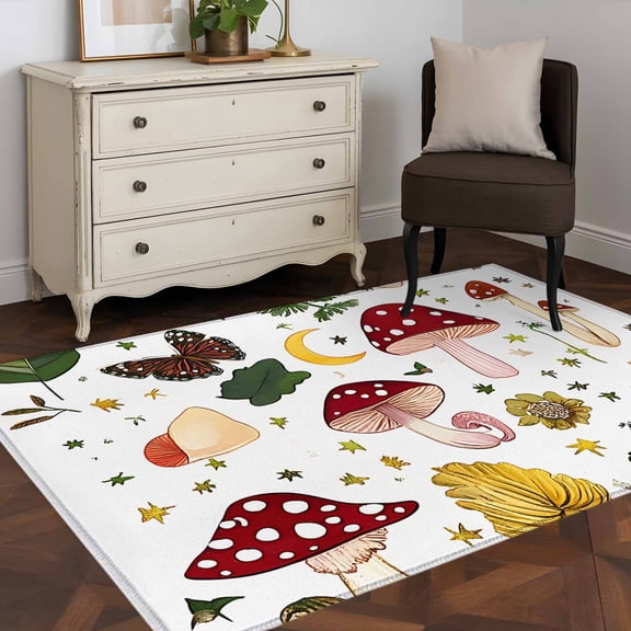 3'x5' Area Rugs, Red Mushrooms Indoor Outdoor Area Rug for Living Room Bedroom, Vintage Botanical Art Washable Bathroom Rugs Kitchen Floor Carpet Mats Home Decor Aesthetic