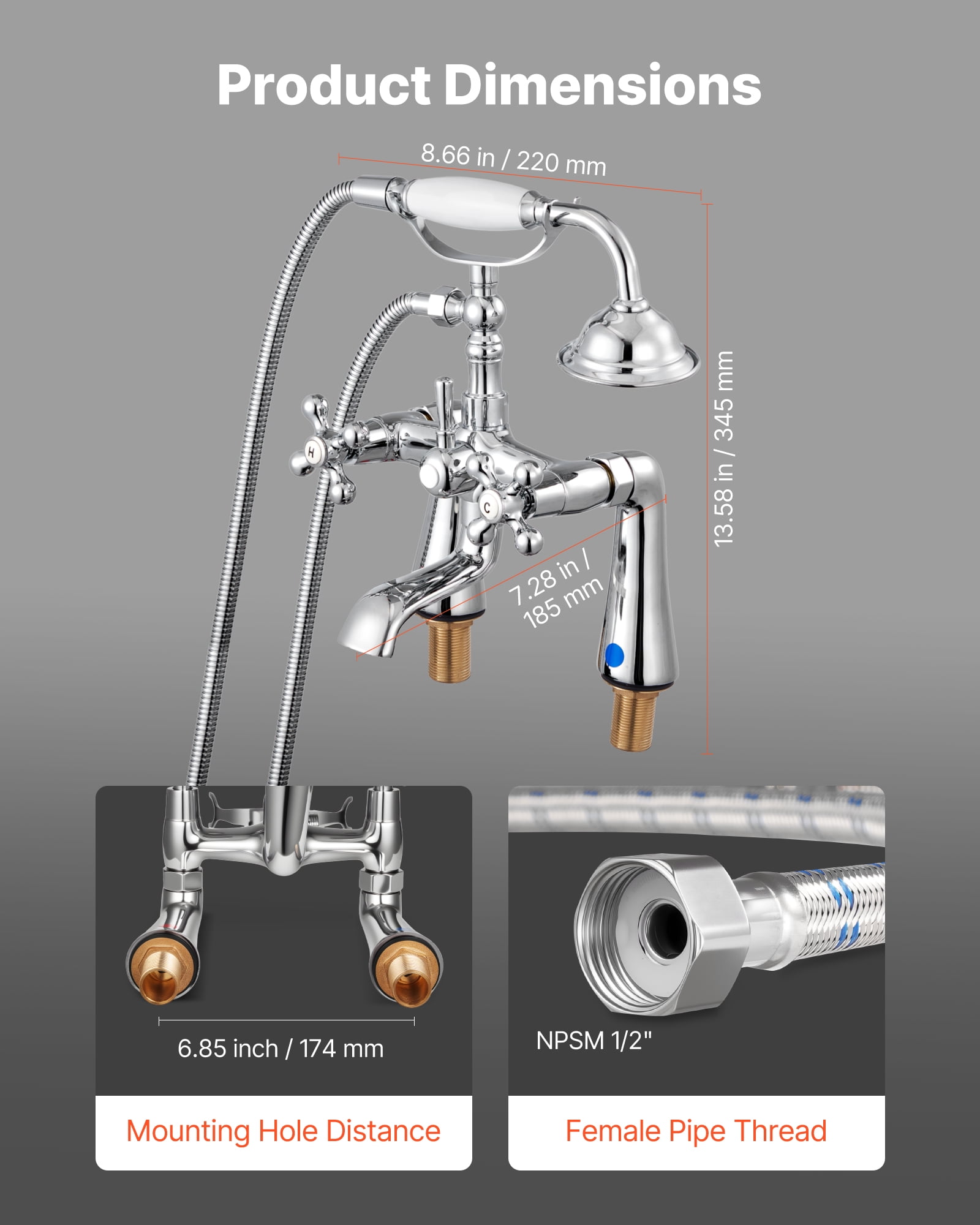VEVOR Clawfoot Tub Faucet, Deck Mount Bathtub Faucets with Handheld Shower, Vintage Polished Chrome Clawfoot Tub Filler Faucet Shower Kit with 360° Rotation Spout & 59-inch Long Hose for Bathtubs