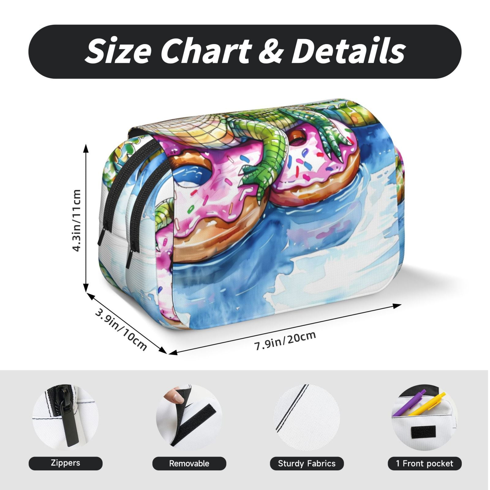 Rateoe Alligator Donut Pool Float Pattern Double Clamshell Pen Case, Storage Organizer with Two Zipper Compartments– Holds Up to 50 Pencils & Pens