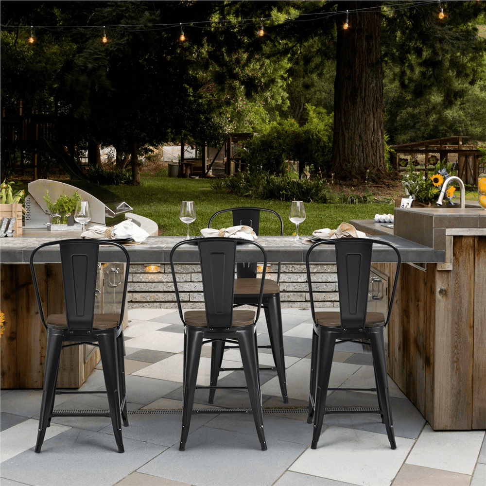 SMILE MART 4pcs Industrial Metal Bar Stool with Solid Wood Seat for Home Restaurants, Gray