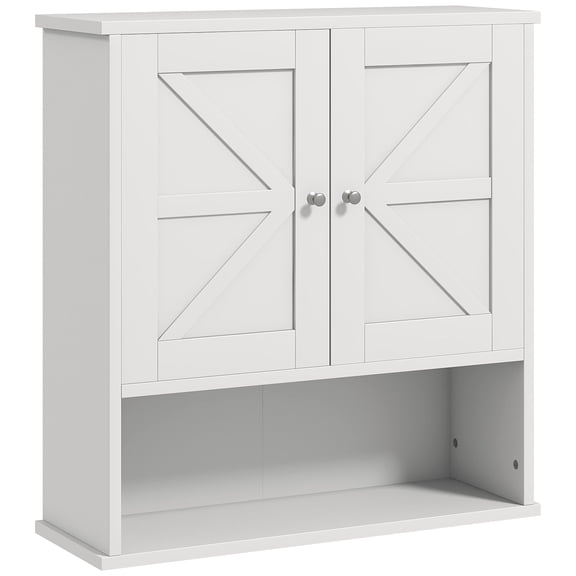 Wooden Cabinets, kleankin Farmhouse Bathroom Wall Cabinet, Wall Mounted Medicine Cabinet with Open Shelf & Adjustable Shelf, Storage for Laundry Room, White, White Living Room Cabinets