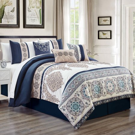 7 Piece Ryedale Navy Beige Aqua Comforter Set Walmart Com