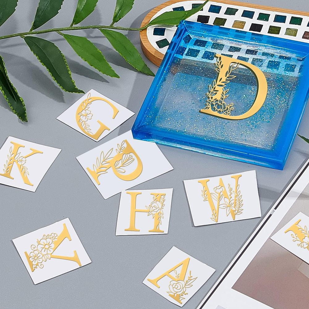 26pcs Self Adhesive Golden Stickers Metal Stickers Flower Letter A~Z Orgonite Sticker Resin Supplies Sticker