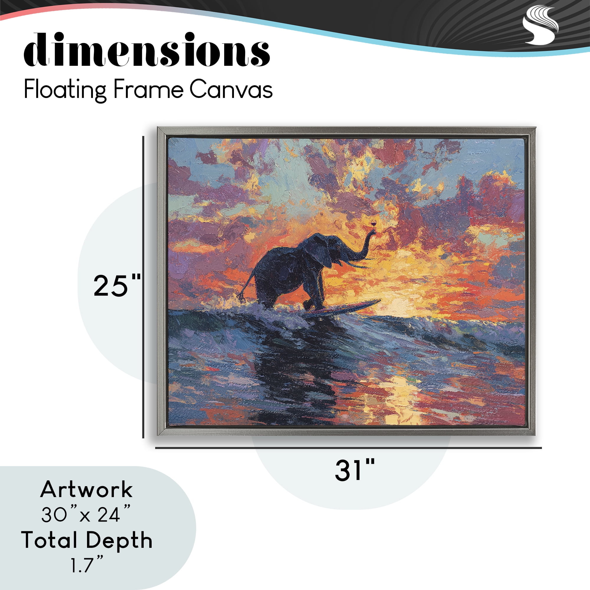 Sunset Surf Elephant Gray Framed Floater Canvas Wall Art, design by Ziwei Li