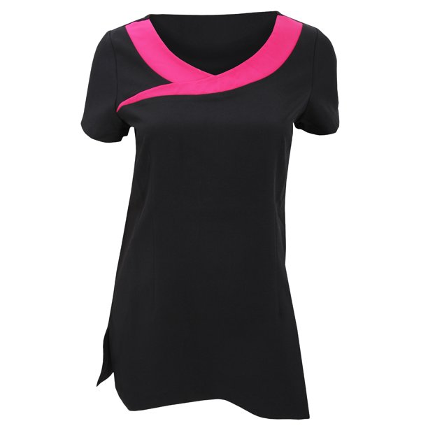 Premier - Túnica uniforme Ivy de trabajo para salón de bella o spa para mujer señora (cuello en contraste) (Negro/Rosa Fuerte)