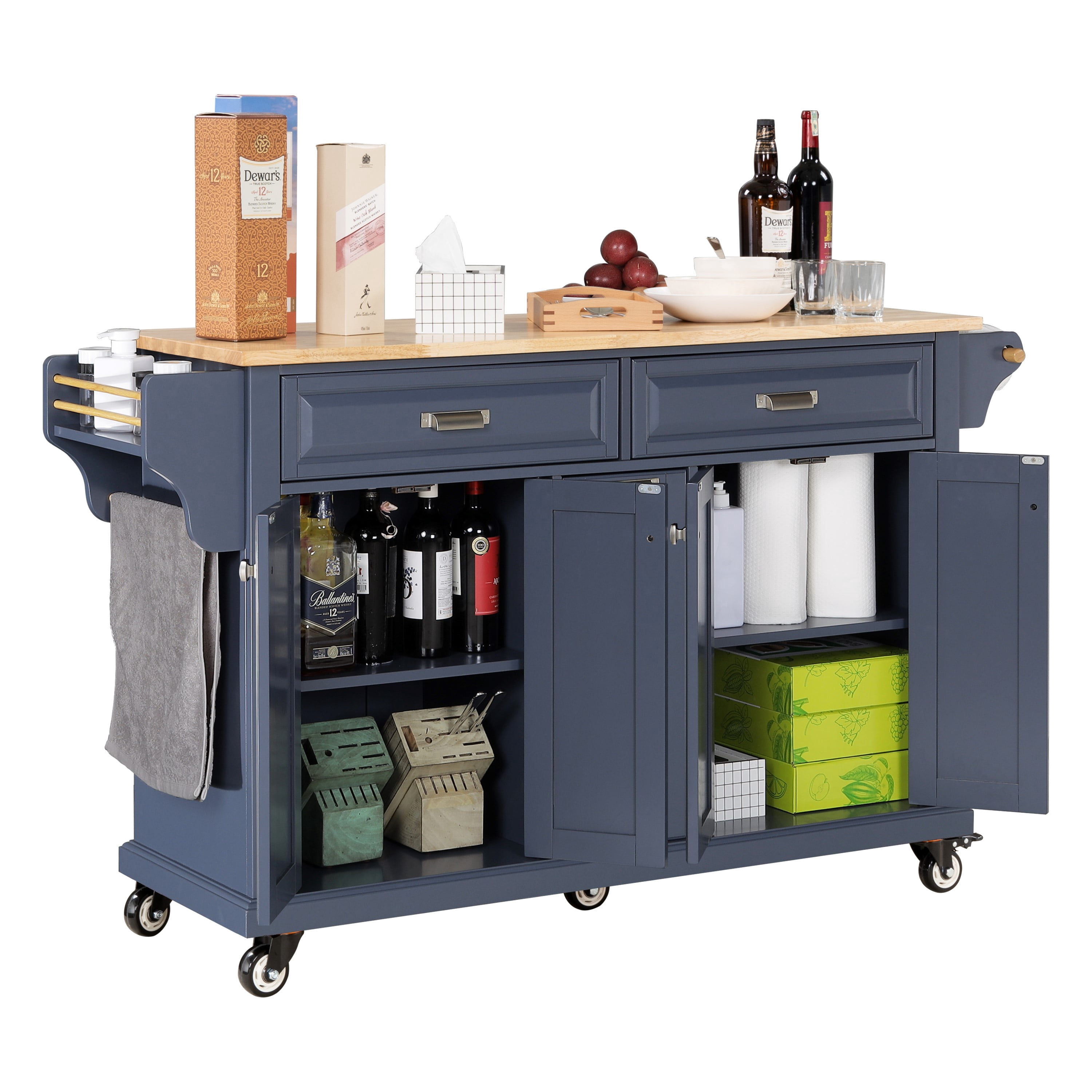 Cambridge Mobile Kitchen Islands on Wheels with Storage, Rubber Wood Countertop, Spice Rack,Towel Holder, 3 Storage Drawers and 2 Cabinets, L60.5 x W18.13 x H36.75IN, (Blue)