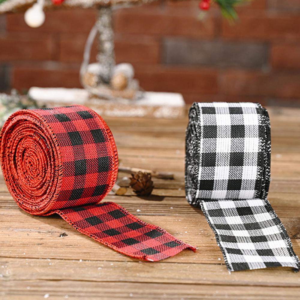 2 Rolls Red and Black Plaid Burlap Ribbon Wired Ribbon Christmas Wrapping Ribbon for Christmas Crafts Decoration, Floral Bows Craft, 472 by 1.9 Inches