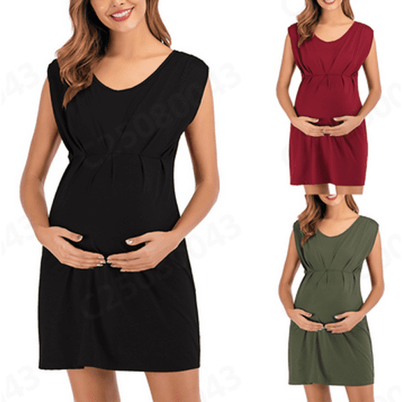 Cavosen Maternity Dress for Photoshoot Sleeveless Crewneck Soft Pregnancy Dress Pleate Flowy Knee Length Dress Solid Elegant Dress