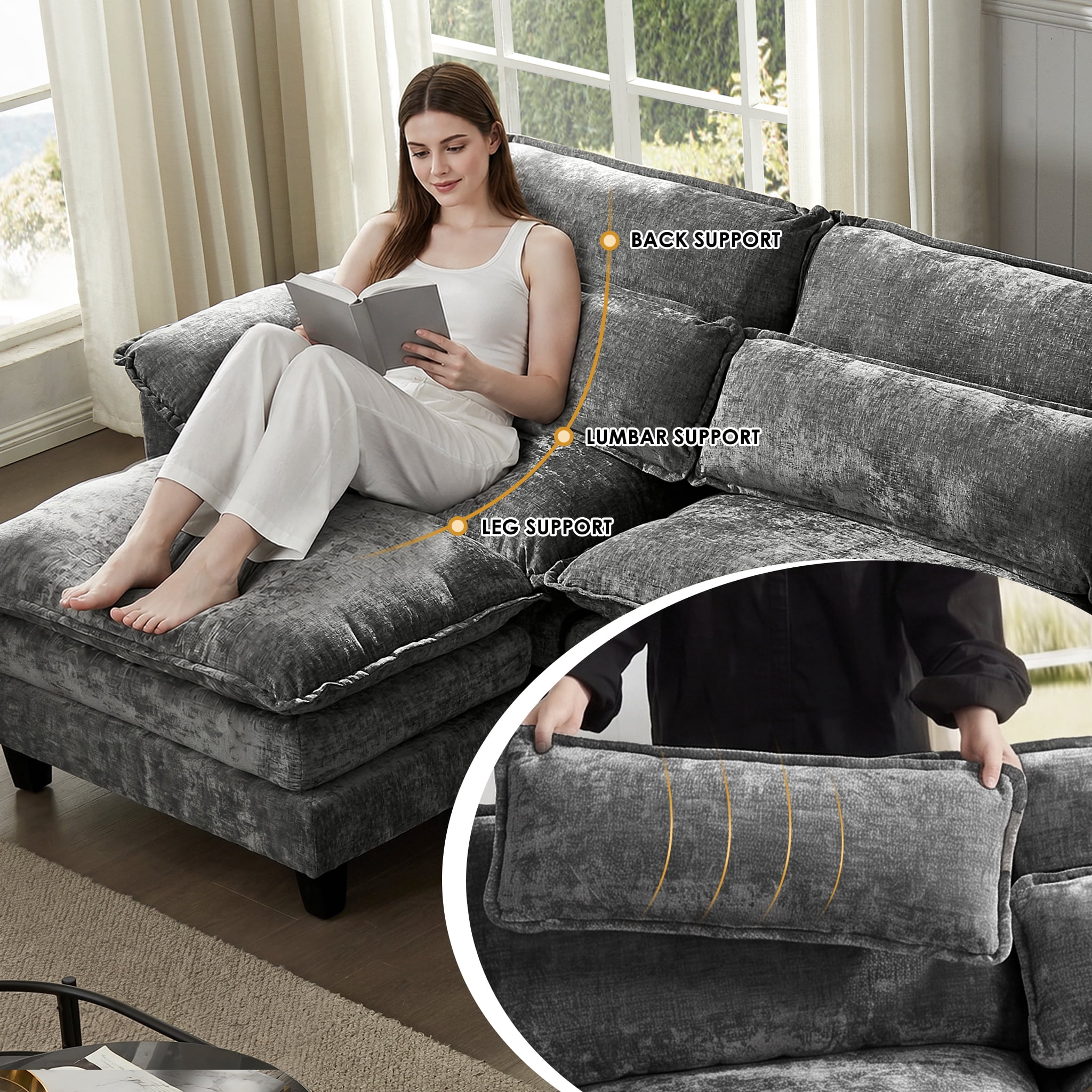 AISWORD 157" U Shaped Cloud Couch Sectional, Oversized Modular Sofa with USB Charging, Hidden Storage, Cup Holders & Double Chaise for Living Room, Gray