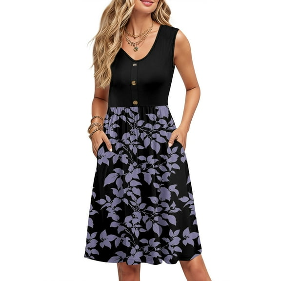 WTOBBY Women's Color Block Print Midi Sundress Sleeveless V-Neck Casual Dress with Button Front Pockets Loose Swing Fit for Street Style and Shopping ,BlackL