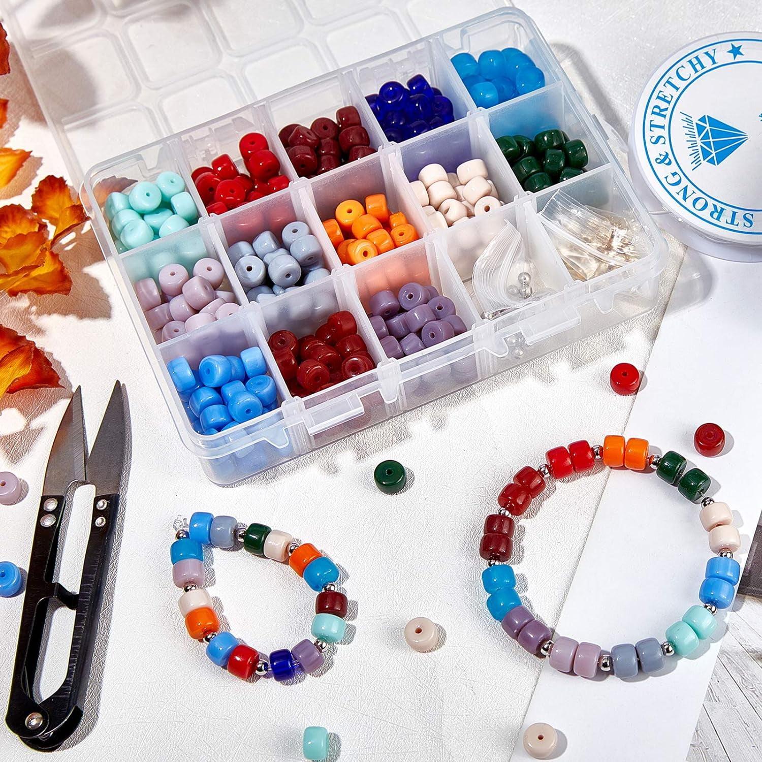 490 Pcs Cylindrical Glass Beads Opaque Solid Pony Beads and Round Brass Spacer Beads with Clear Elastic Thread for Bracelet Necklace Jewelry Making